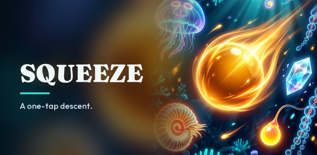 Squeeze: a glowing orb falling through a bioluminescent reef, with a jellyfish, a nautilus shell and coral around it.